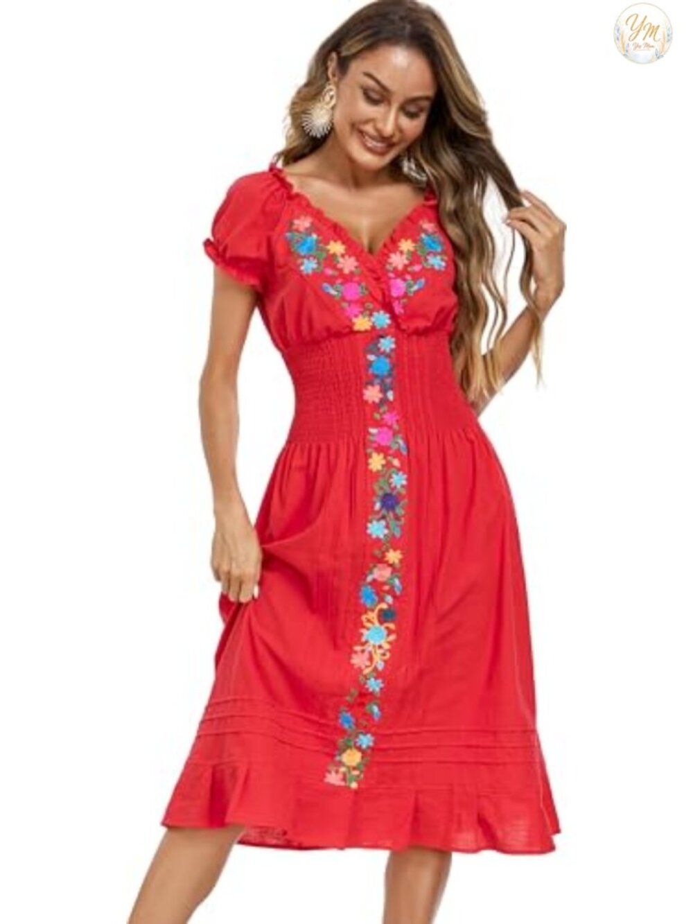Mexican Embroidered Casual Dress V Neck Ruffled Short Sleeves Cotton Summer